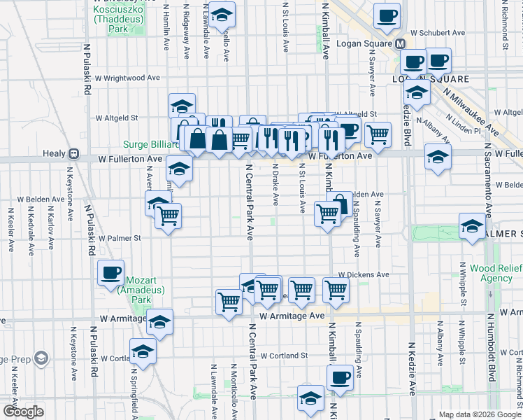 map of restaurants, bars, coffee shops, grocery stores, and more near 3546 West Lyndale Street in Chicago