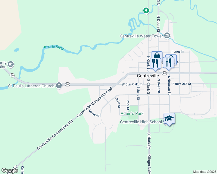 map of restaurants, bars, coffee shops, grocery stores, and more near 450 West Main Street in Centreville