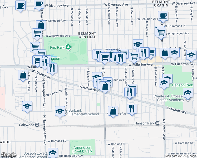 map of restaurants, bars, coffee shops, grocery stores, and more near 2301 North McVicker Avenue in Chicago