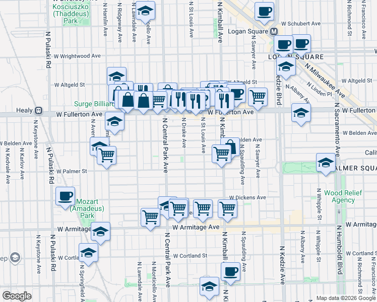map of restaurants, bars, coffee shops, grocery stores, and more near 3546 West Lyndale Street in Chicago