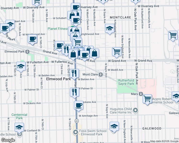 map of restaurants, bars, coffee shops, grocery stores, and more near 2333 North Neva Avenue in Chicago