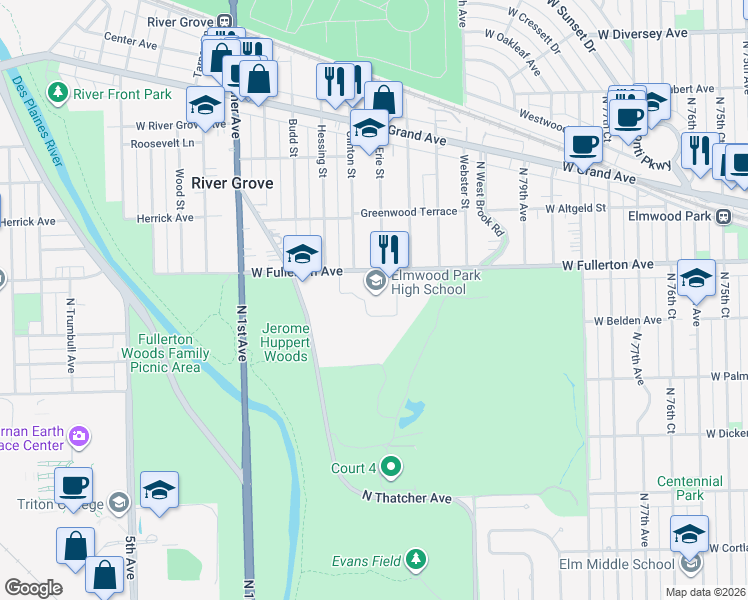 map of restaurants, bars, coffee shops, grocery stores, and more near 8201 West Fullerton Avenue in Elmwood Park