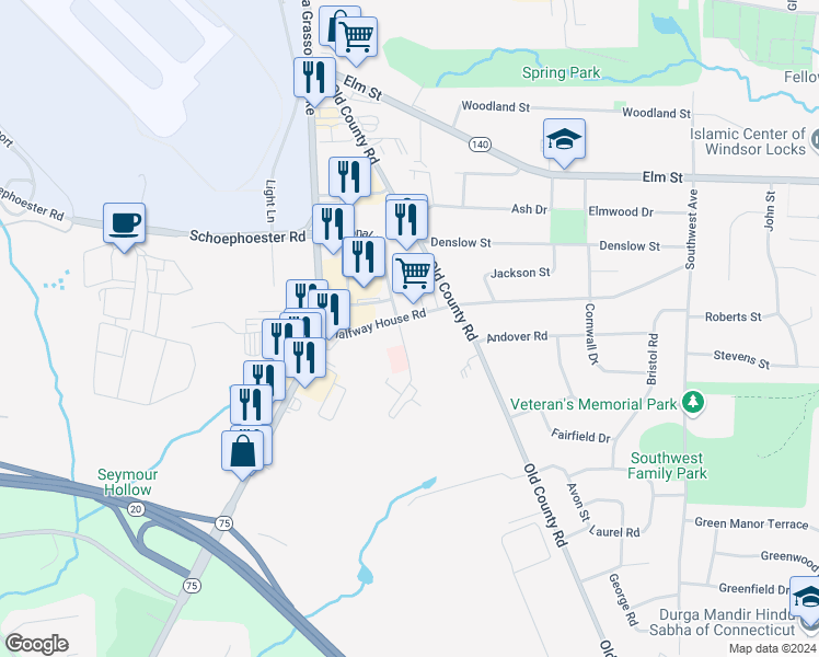 map of restaurants, bars, coffee shops, grocery stores, and more near 535 Halfway House Road in Windsor Locks