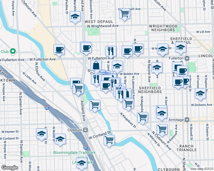 map of restaurants, bars, coffee shops, grocery stores, and more near 2211 North Clybourn Avenue in Chicago