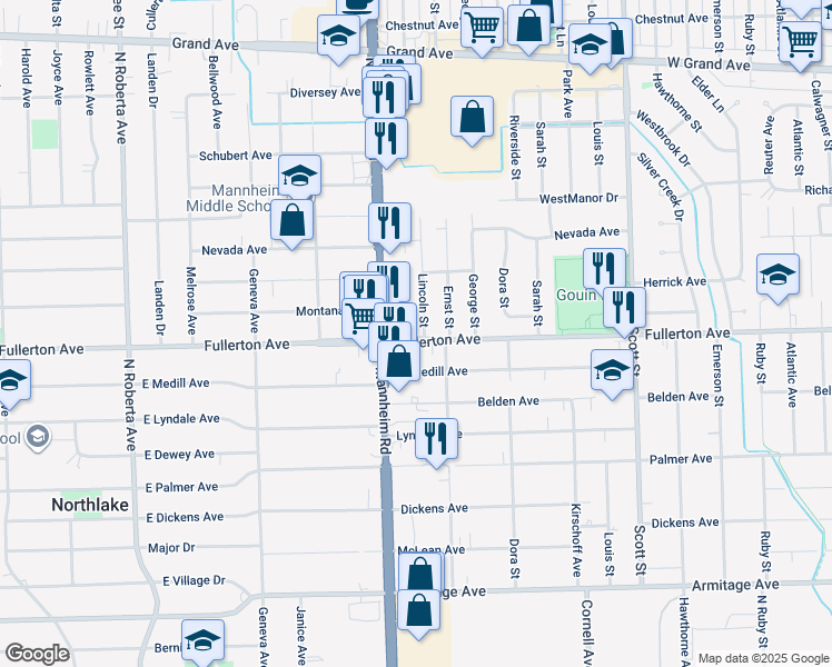 map of restaurants, bars, coffee shops, grocery stores, and more near 2400 Lincoln St in Franklin Park