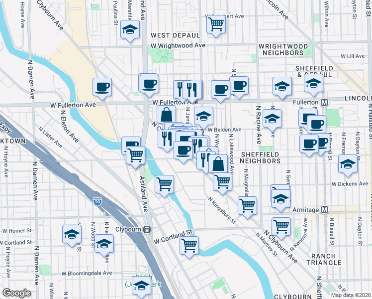 map of restaurants, bars, coffee shops, grocery stores, and more near 2217 North Clybourn Avenue in Chicago