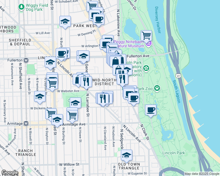 map of restaurants, bars, coffee shops, grocery stores, and more near 440 West Webster Avenue in Chicago