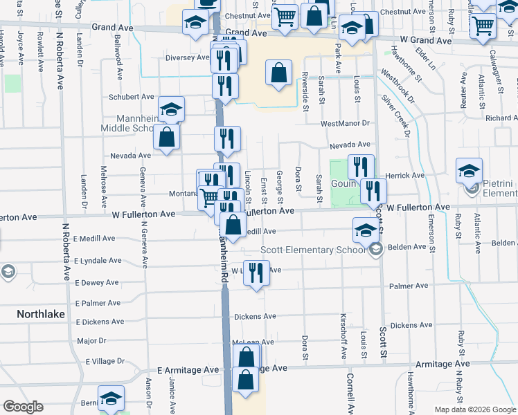 map of restaurants, bars, coffee shops, grocery stores, and more near 2400 Ernst Street in Franklin Park
