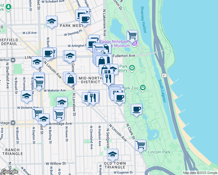 map of restaurants, bars, coffee shops, grocery stores, and more near 400 West Webster Avenue in Chicago