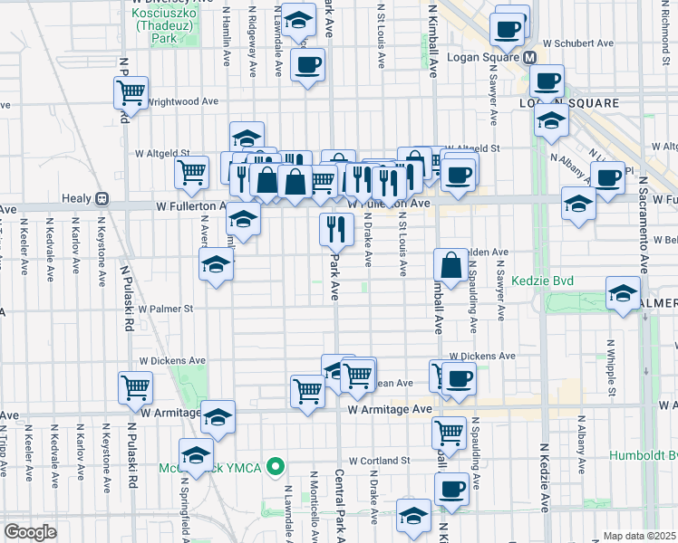 map of restaurants, bars, coffee shops, grocery stores, and more near 3576 West Lyndale Street in Chicago