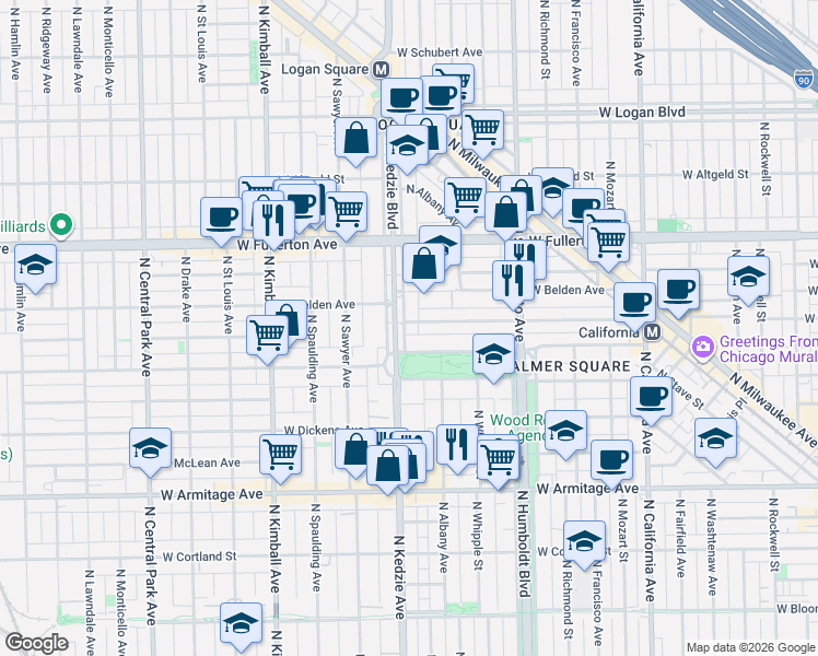 map of restaurants, bars, coffee shops, grocery stores, and more near 2233 North Kedzie Boulevard in Chicago