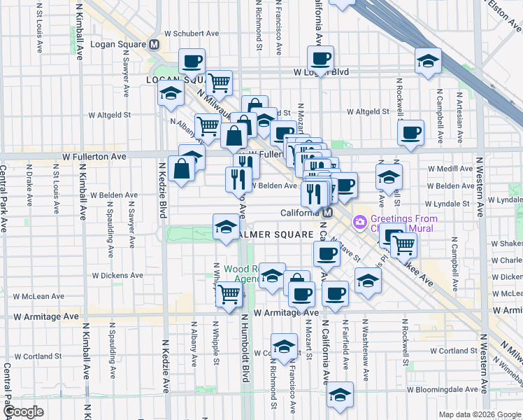 map of restaurants, bars, coffee shops, grocery stores, and more near 2931 West Lyndale Street in Chicago