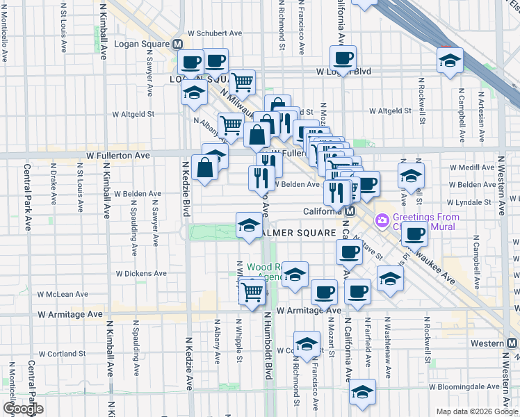 map of restaurants, bars, coffee shops, grocery stores, and more near 3007 West Lyndale Street in Chicago