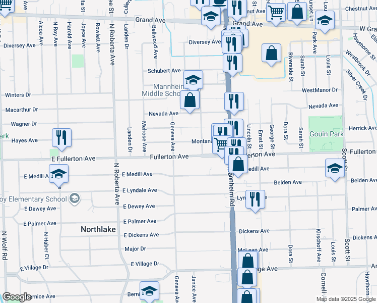 map of restaurants, bars, coffee shops, grocery stores, and more near 10512 West Fullerton Avenue in Melrose Park