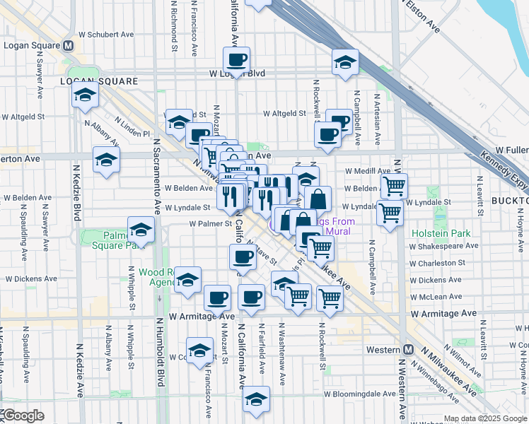 map of restaurants, bars, coffee shops, grocery stores, and more near 2210 North Washtenaw Avenue in Chicago