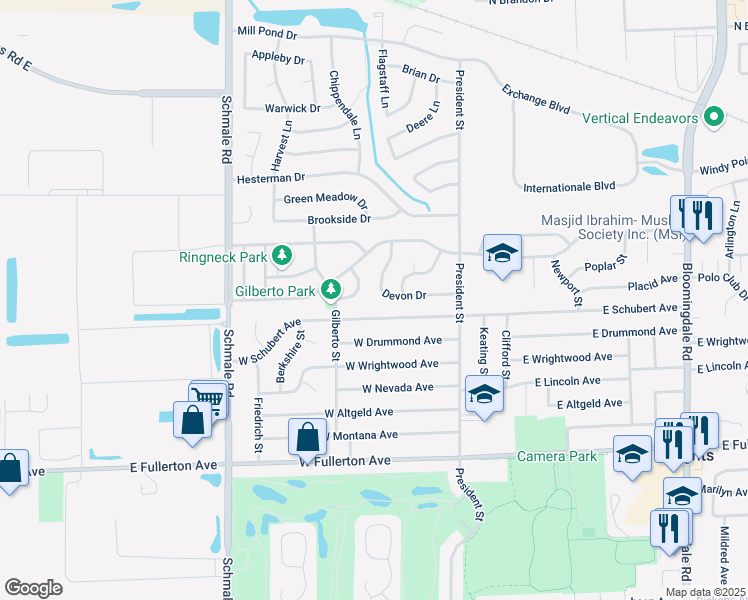 map of restaurants, bars, coffee shops, grocery stores, and more near 84 West Schubert Avenue in Glendale Heights