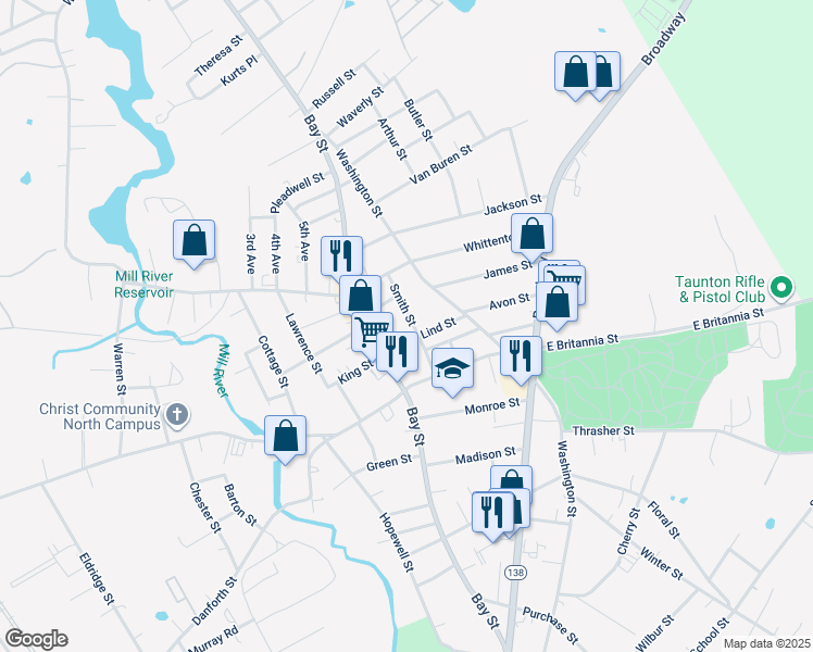 map of restaurants, bars, coffee shops, grocery stores, and more near 2 Smith Street in Taunton