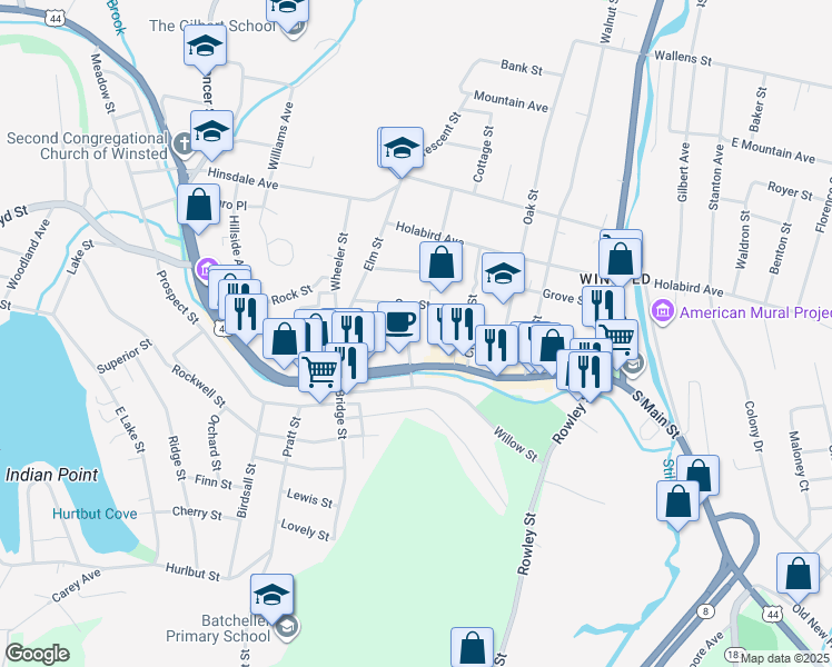 map of restaurants, bars, coffee shops, grocery stores, and more near 55 Center Street in Winsted