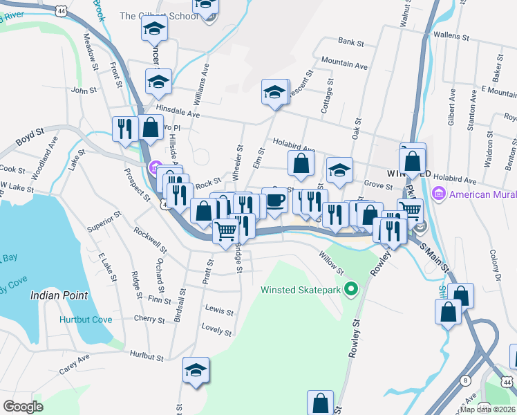 map of restaurants, bars, coffee shops, grocery stores, and more near 33 Center Street in Winsted