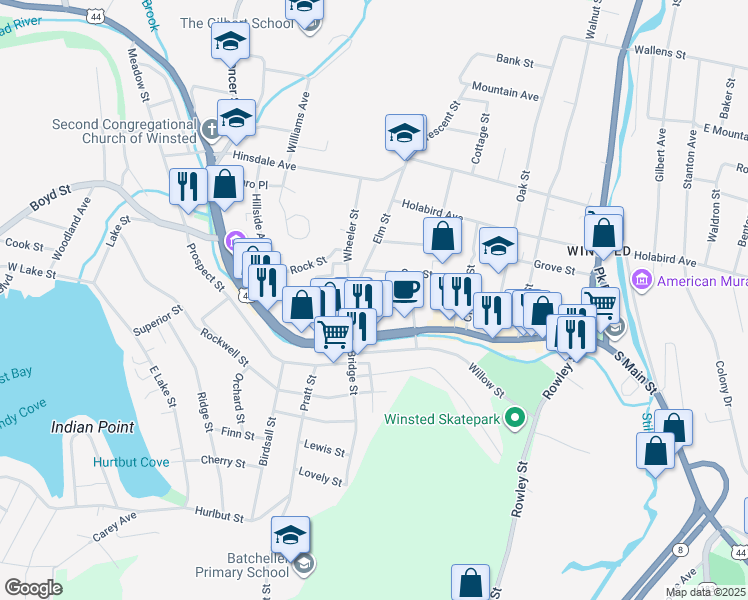 map of restaurants, bars, coffee shops, grocery stores, and more near 33 Center Street in Winsted