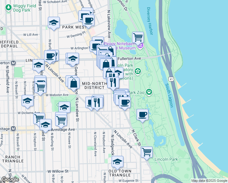 map of restaurants, bars, coffee shops, grocery stores, and more near 400 West Webster Avenue in Chicago