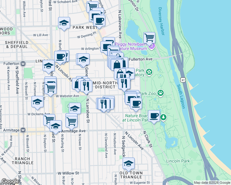 map of restaurants, bars, coffee shops, grocery stores, and more near 440 West Webster Avenue in Chicago