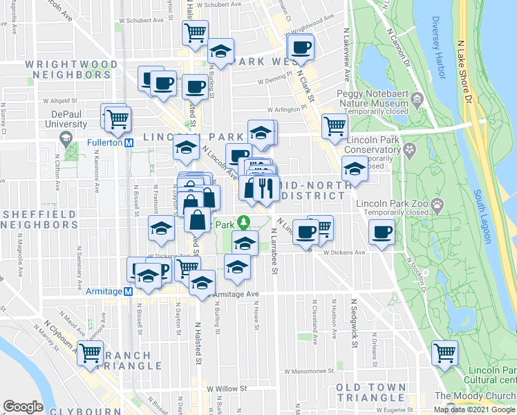 map of restaurants, bars, coffee shops, grocery stores, and more near in Chicago