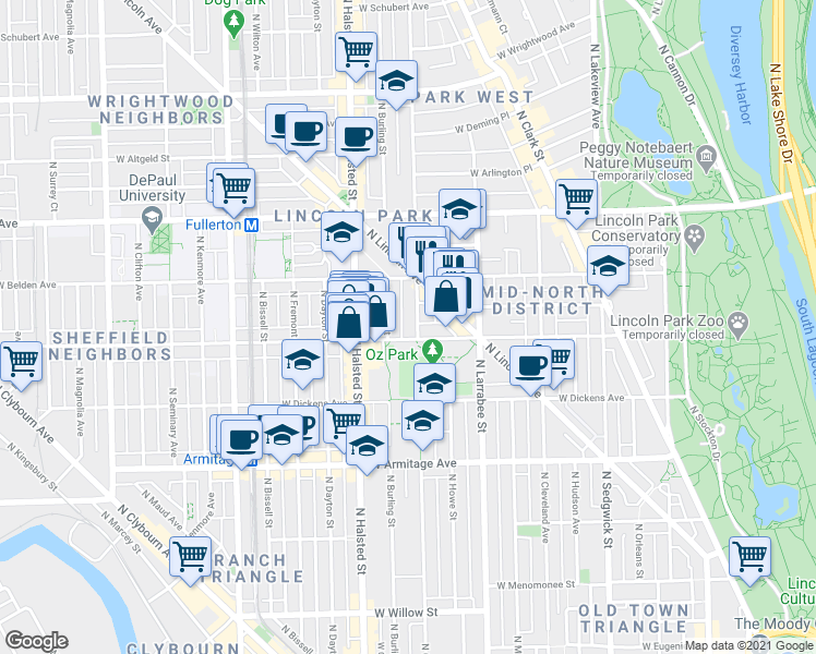 map of restaurants, bars, coffee shops, grocery stores, and more near 2200 North Orchard Street in Chicago