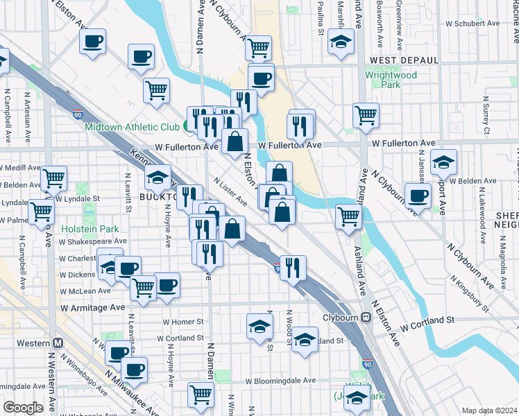 map of restaurants, bars, coffee shops, grocery stores, and more near 2244 North Lister Avenue in Chicago
