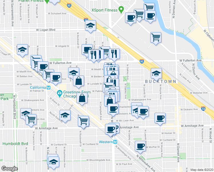 map of restaurants, bars, coffee shops, grocery stores, and more near 2424 West Palmer Street in Chicago