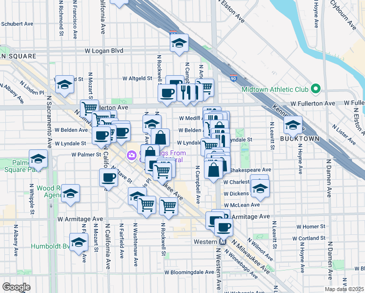 map of restaurants, bars, coffee shops, grocery stores, and more near 2516 West Palmer Street in Chicago