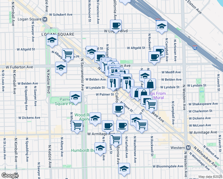 map of restaurants, bars, coffee shops, grocery stores, and more near 2204 North California Avenue in Chicago