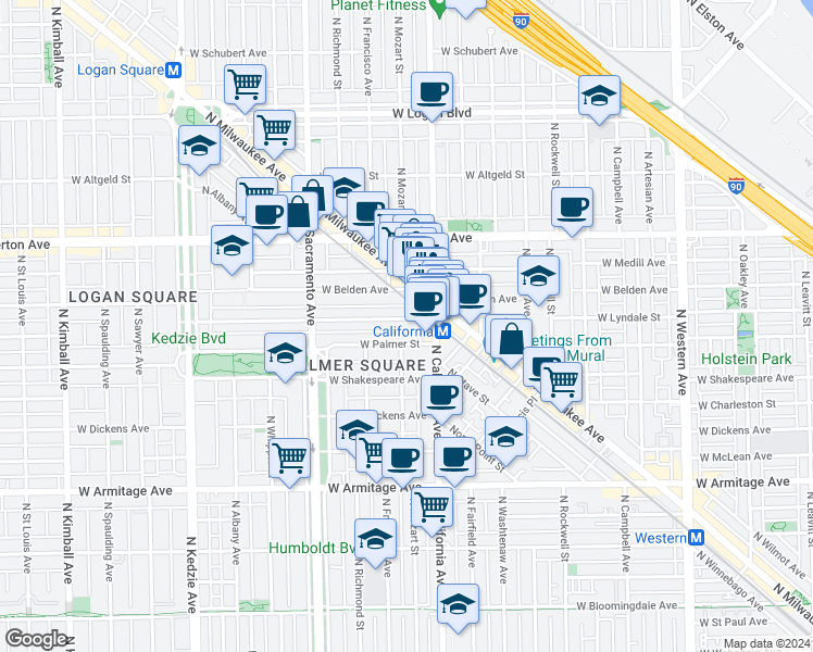 map of restaurants, bars, coffee shops, grocery stores, and more near 2842 West Palmer Street in Chicago