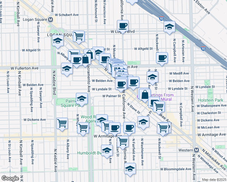 map of restaurants, bars, coffee shops, grocery stores, and more near 2842 West Palmer Street in Chicago