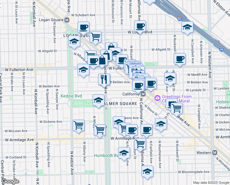 map of restaurants, bars, coffee shops, grocery stores, and more near 2906 West Palmer Street in Chicago