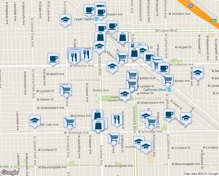map of restaurants, bars, coffee shops, grocery stores, and more near 2233 North Kedzie Boulevard in Chicago