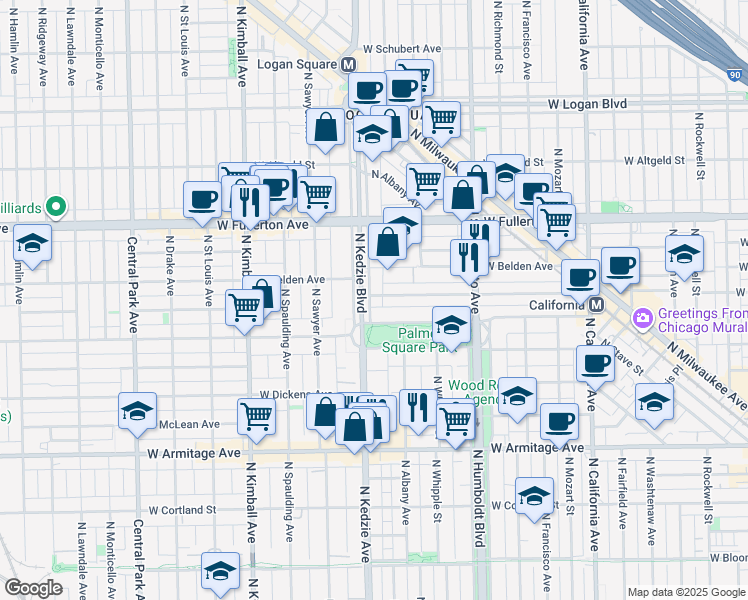 map of restaurants, bars, coffee shops, grocery stores, and more near 2233 North Kedzie Boulevard in Chicago