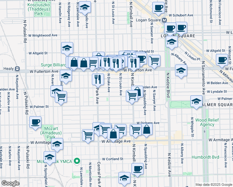 map of restaurants, bars, coffee shops, grocery stores, and more near 3504 West Lyndale Street in Chicago