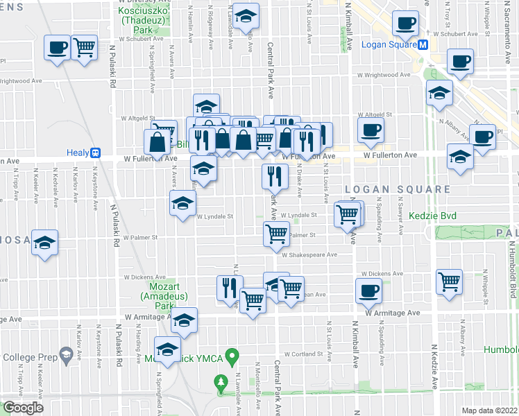 map of restaurants, bars, coffee shops, grocery stores, and more near 2234 North Monticello Avenue in Chicago