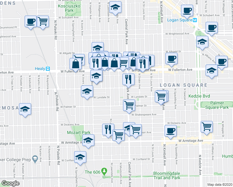 map of restaurants, bars, coffee shops, grocery stores, and more near 2242 North Monticello Avenue in Chicago