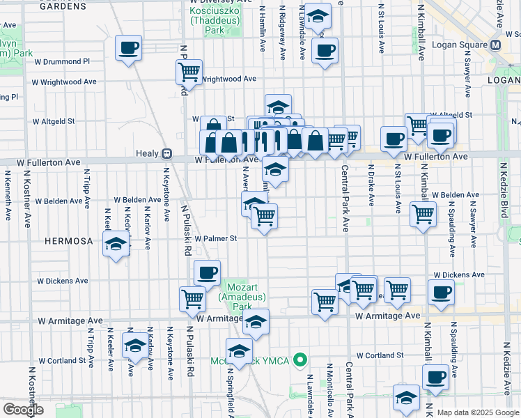 map of restaurants, bars, coffee shops, grocery stores, and more near 3752 West Lyndale Street in Chicago