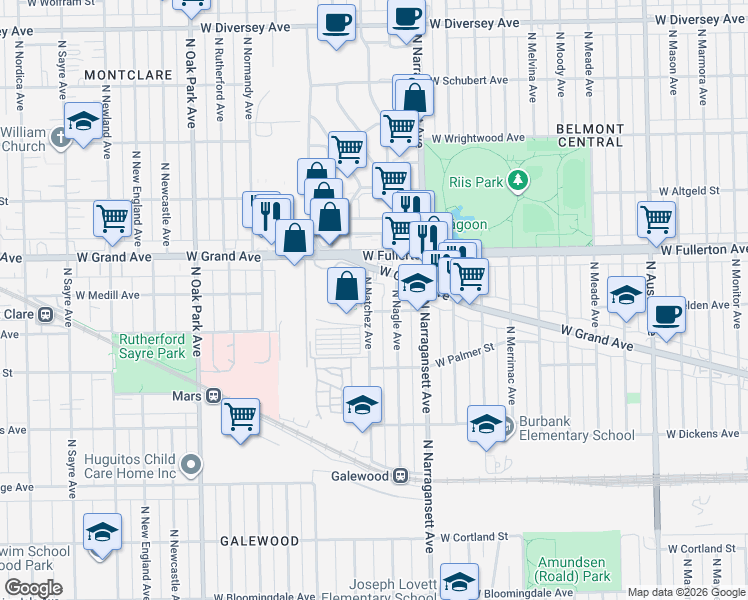 map of restaurants, bars, coffee shops, grocery stores, and more near 2301 North Natchez Avenue in Chicago