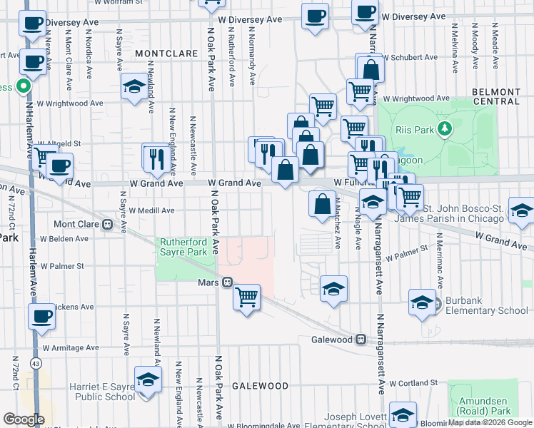 map of restaurants, bars, coffee shops, grocery stores, and more near 2325 North Normandy Avenue in Chicago