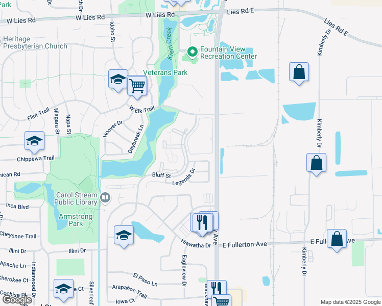 map of restaurants, bars, coffee shops, grocery stores, and more near 166 Horizon Circle in Carol Stream