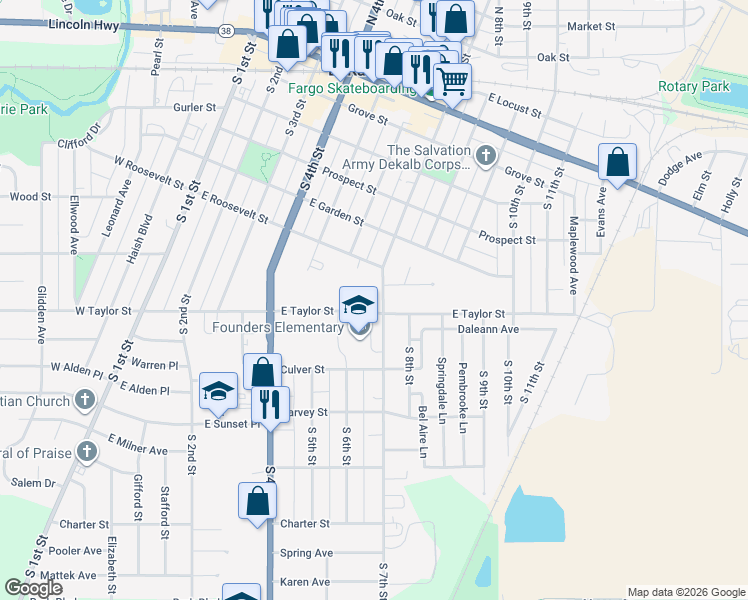 map of restaurants, bars, coffee shops, grocery stores, and more near 629 South 7th Street in DeKalb