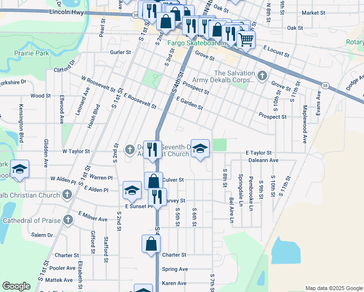 map of restaurants, bars, coffee shops, grocery stores, and more near 507 East Taylor Street in DeKalb