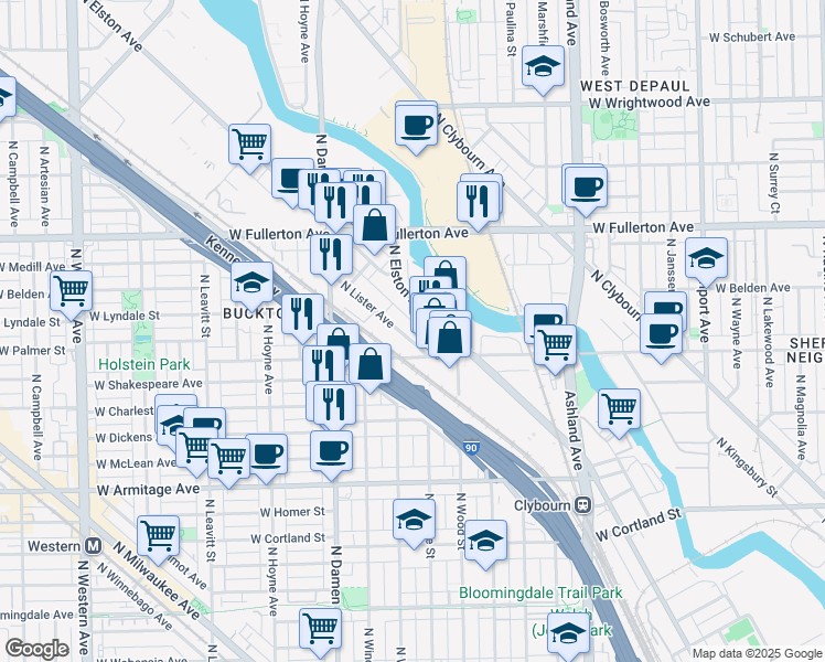 map of restaurants, bars, coffee shops, grocery stores, and more near 2231 North Lister Avenue in Chicago