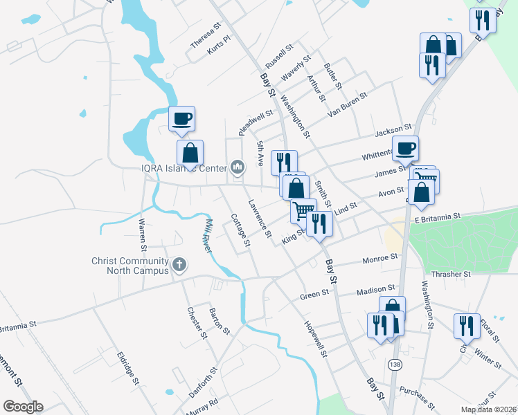 map of restaurants, bars, coffee shops, grocery stores, and more near 16 Lawrence Street in Taunton