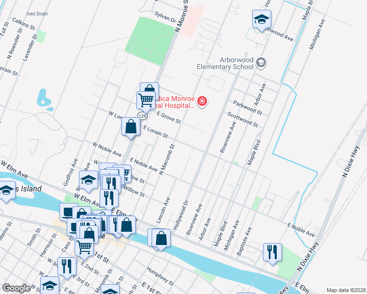 map of restaurants, bars, coffee shops, grocery stores, and more near 232 East Lorain Street in Monroe