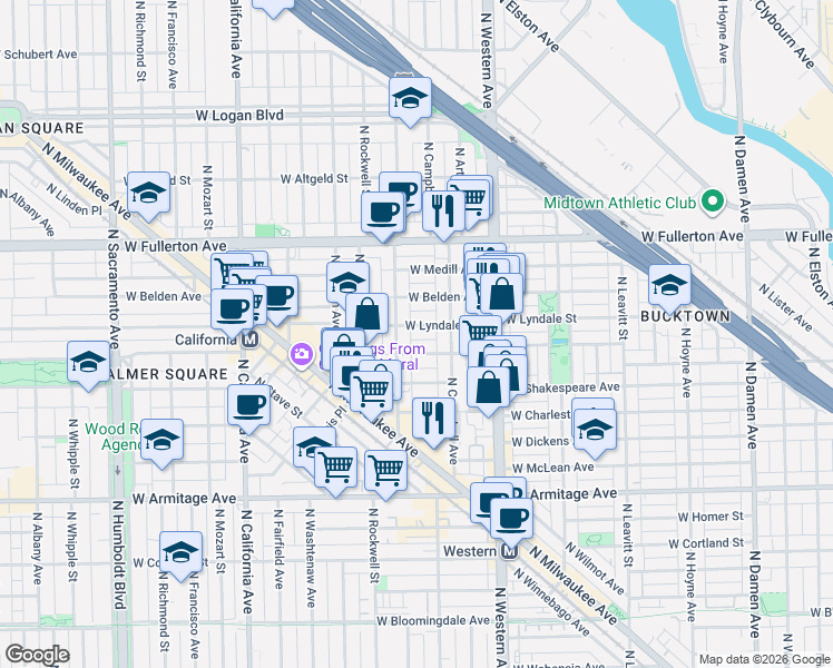map of restaurants, bars, coffee shops, grocery stores, and more near 2516 West Palmer Street in Chicago